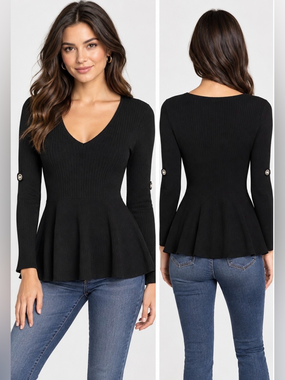 Love Scarlett Black Ribbed V-Neck Peplum Knit Top Size M